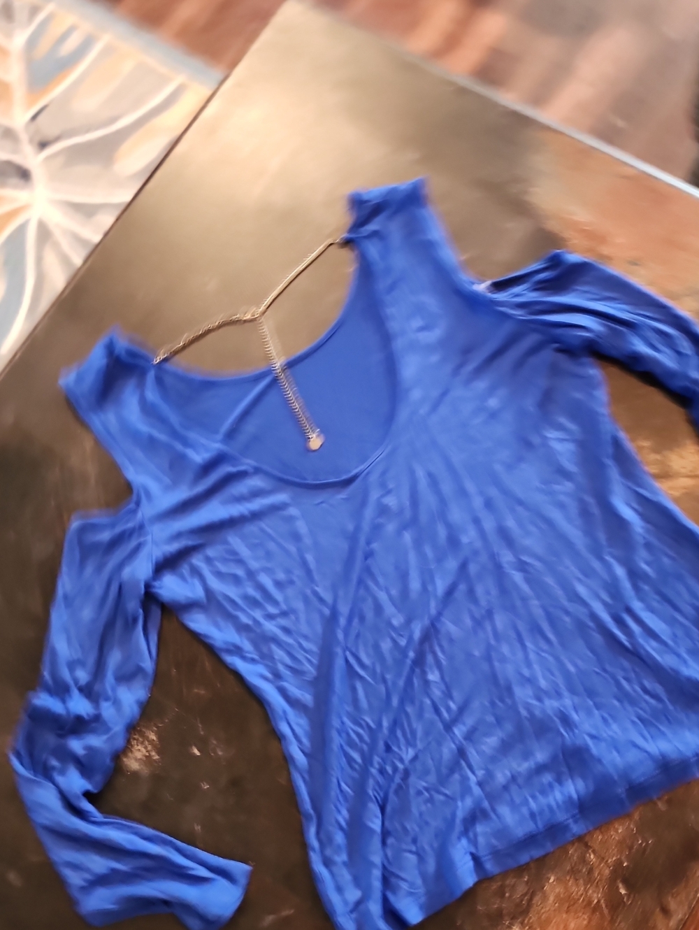Jennifer Lopez Cobalt Blue Cold-Shoulder Long Sleeve Top